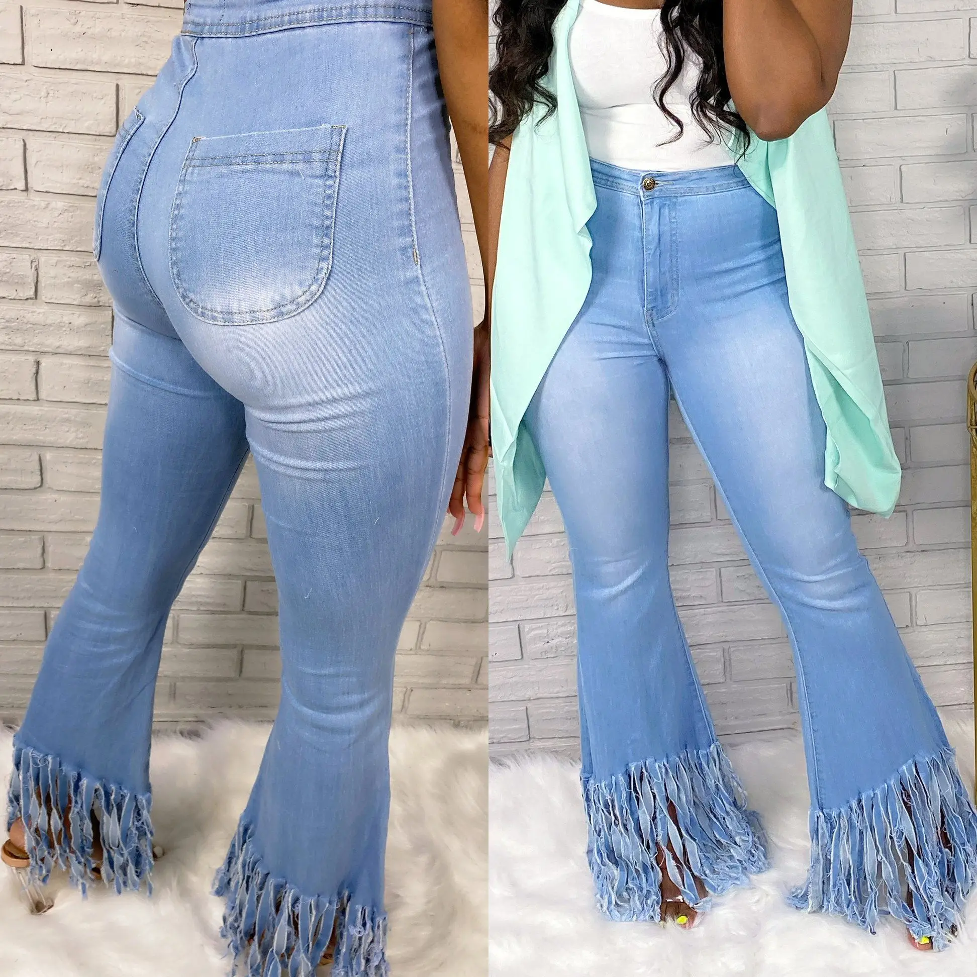 

High waisted wide leg distressed women jeans denim