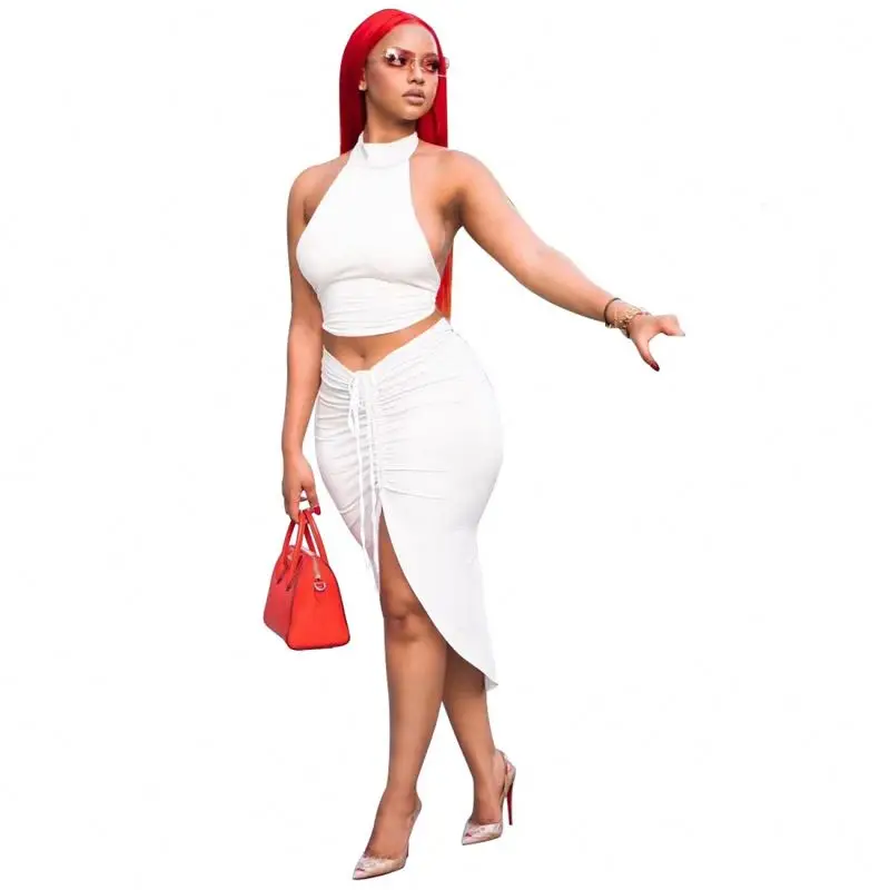 

CYB070 Sexy White Drawstring Backless Ruched Sleeveless Two Piece Skirt Set Ladies Sexy Women 2 Pieces Crop Tops Sets