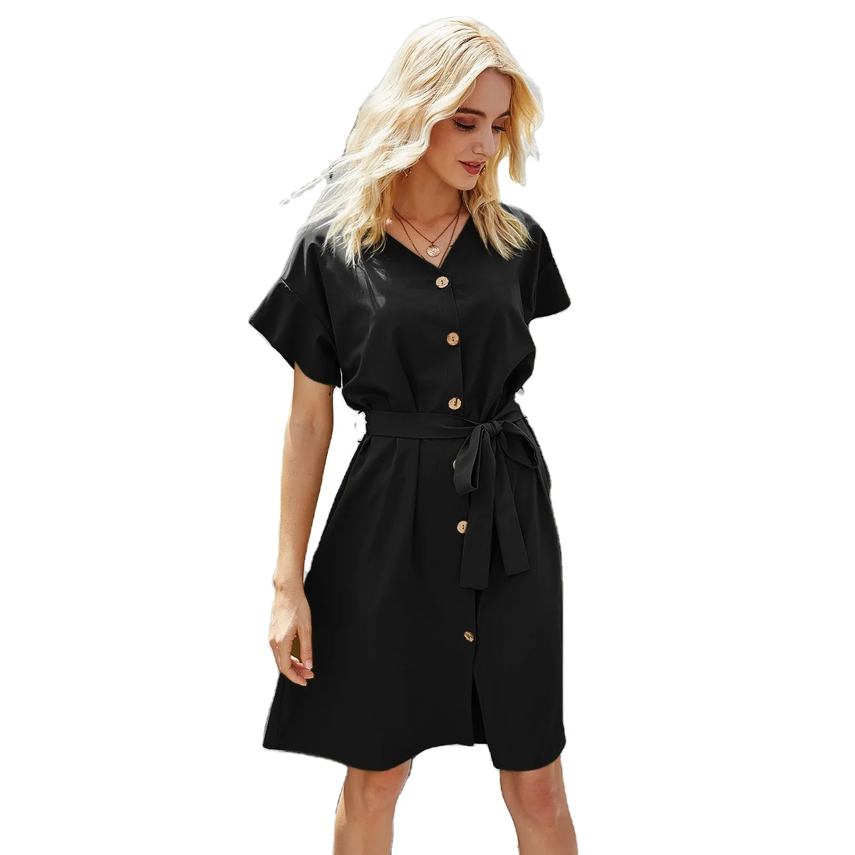 

Short sleeves and lapels for summer women's mid-length belted shirt
