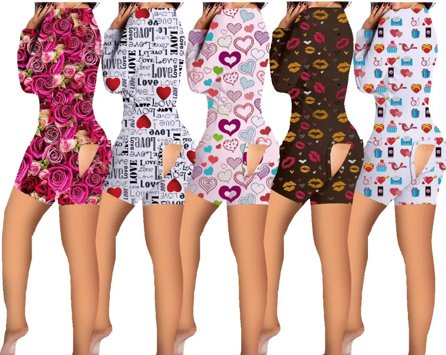 

2021 Spring Onsies Adult Onesie Women And Bodysuits Heart Rose Print Shorts Pajamas With Butt Flap Valentines Onesies For Women