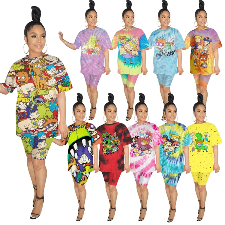 

2021 Fashio Club Summer Ladies 2 Piece Set Short Sleeve Loose Cozy Stretchy Colorful Cartoon Print Plus Size Women Two Piece Set