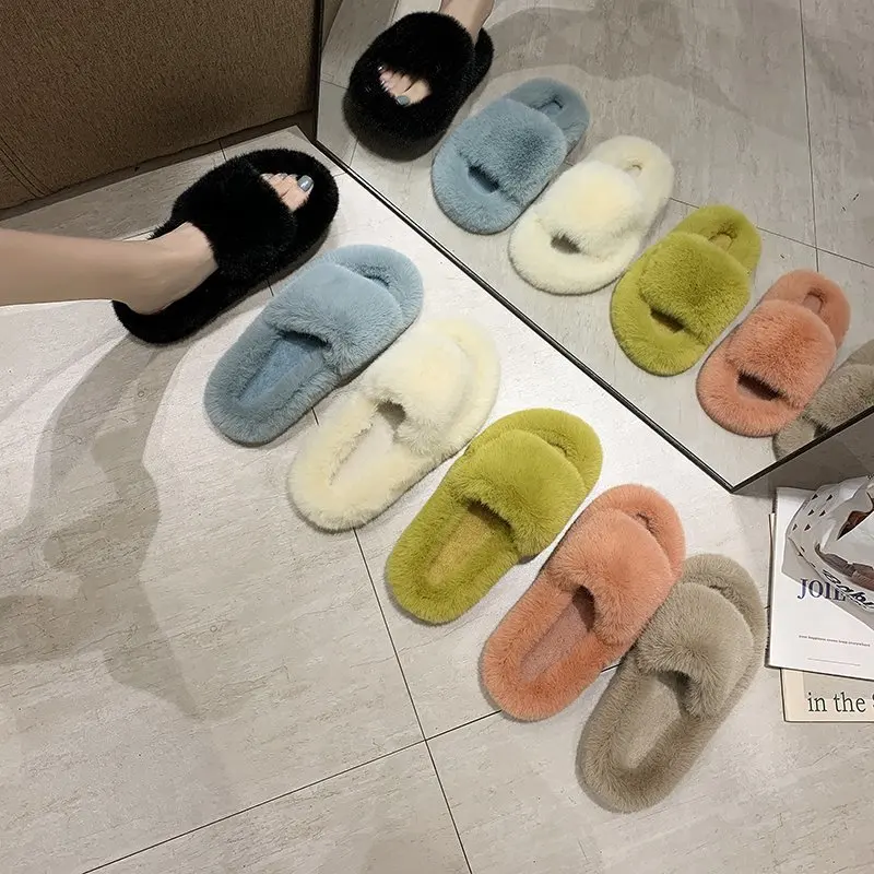 

Autumn new thick-soled one-word candy color ladies outer wear home furry slippers