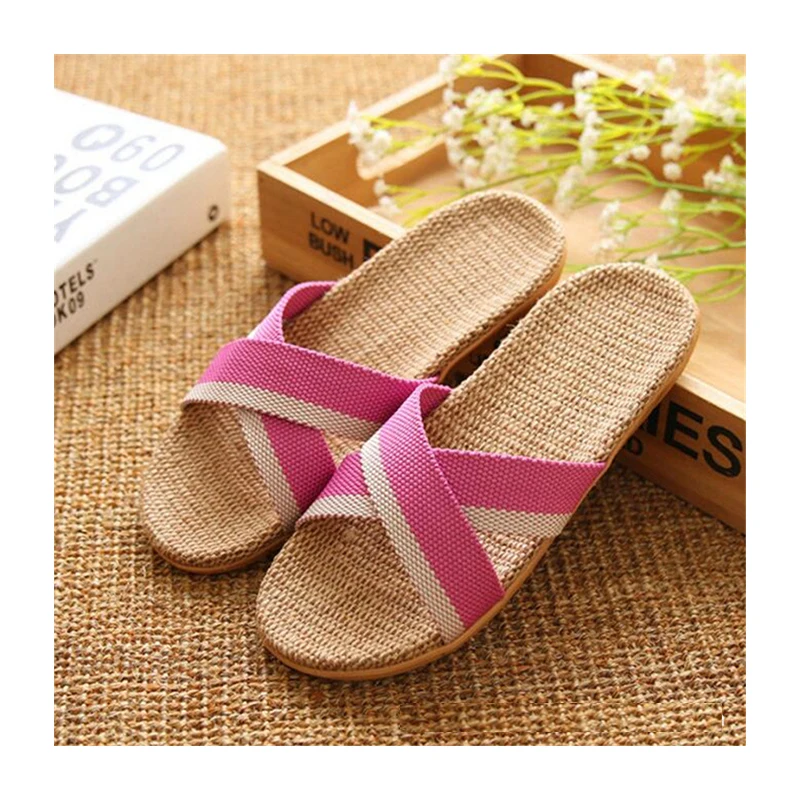 

Women Summer Home Anti Slip Flax Slippers Factory Wholesale Strap Couple Beach Linen Slippers, As picture