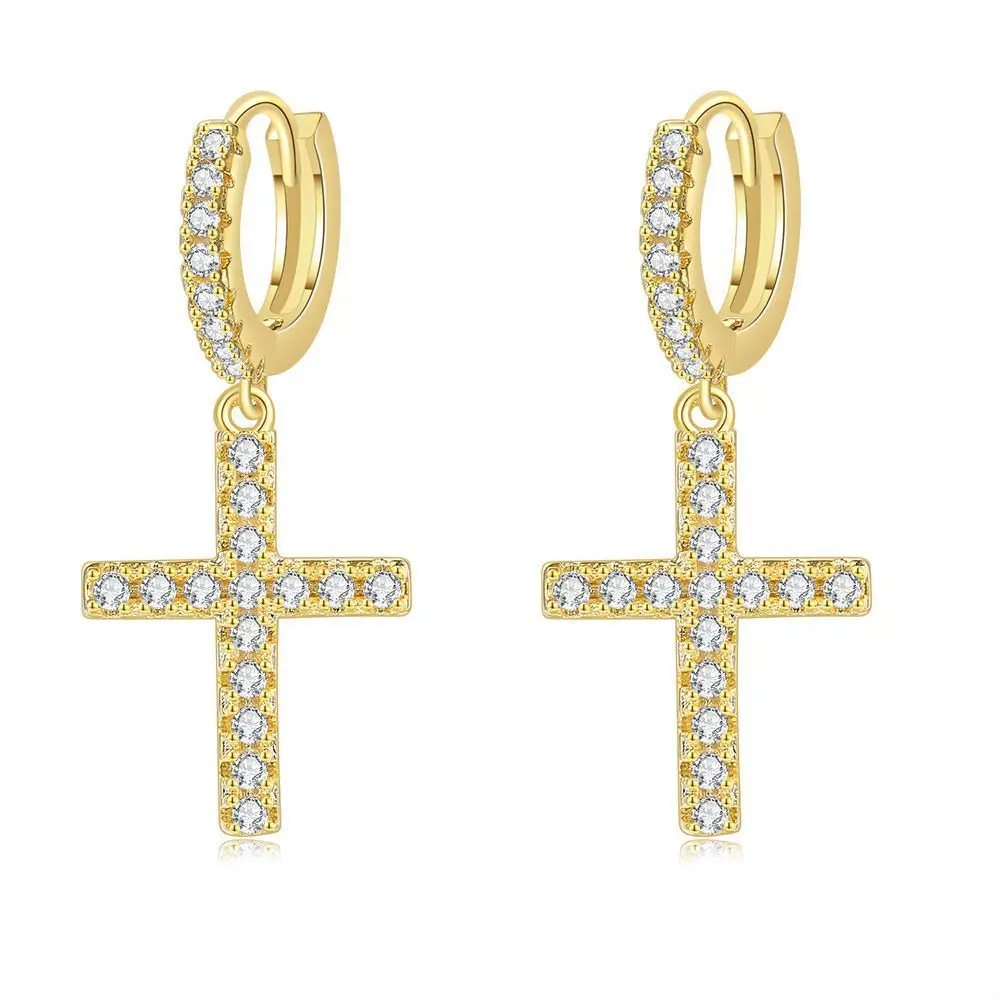 

Religious Christian Gold Silver Rhinestone Cross Huggie Earrings Bling Full Diamond Cross Dangle Earrings