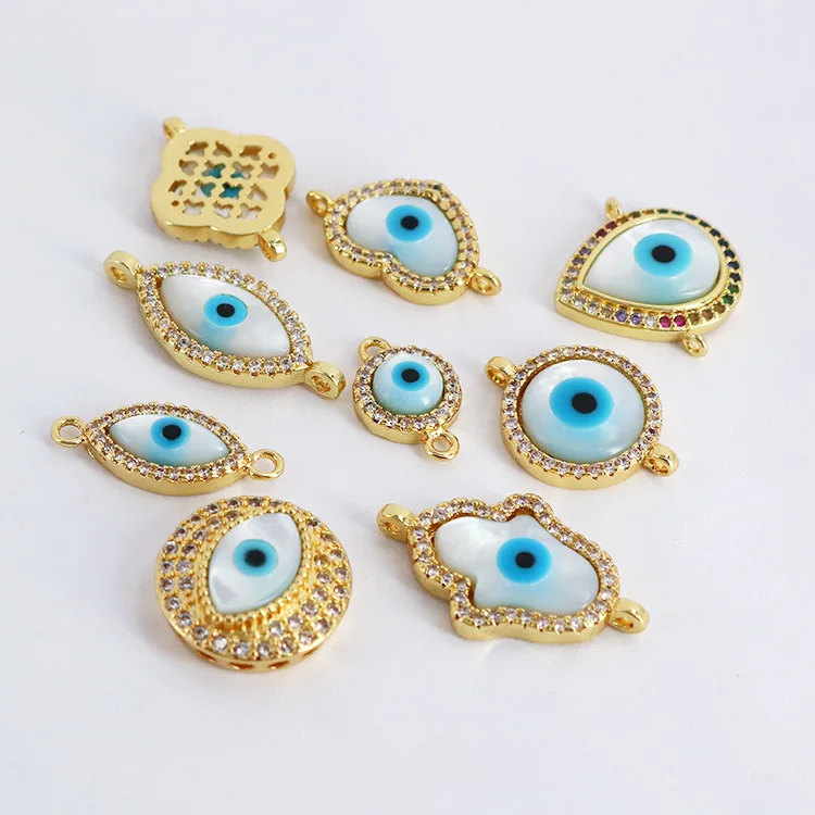 

CZ8144 18K Gold plated CZ micro pave MOP Hamsa Hand Cross connectors,Diamond pave MOP shell evileye Eye charms for Bracelets