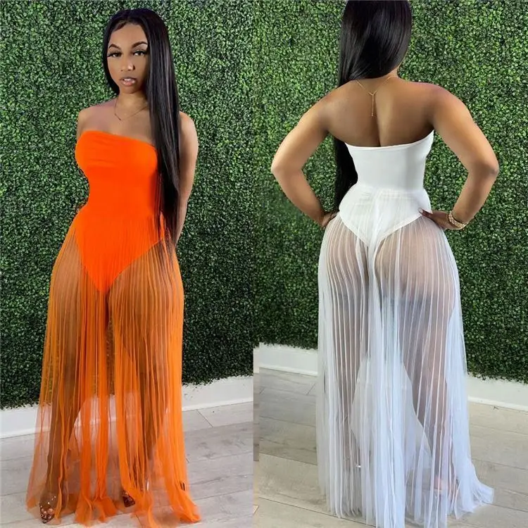 

MISS Women Clothes 2021 Strapless Bodycon Bodysuit Mesh Spliced Sexy Summer Solid Color Women Maxi Long Dresses