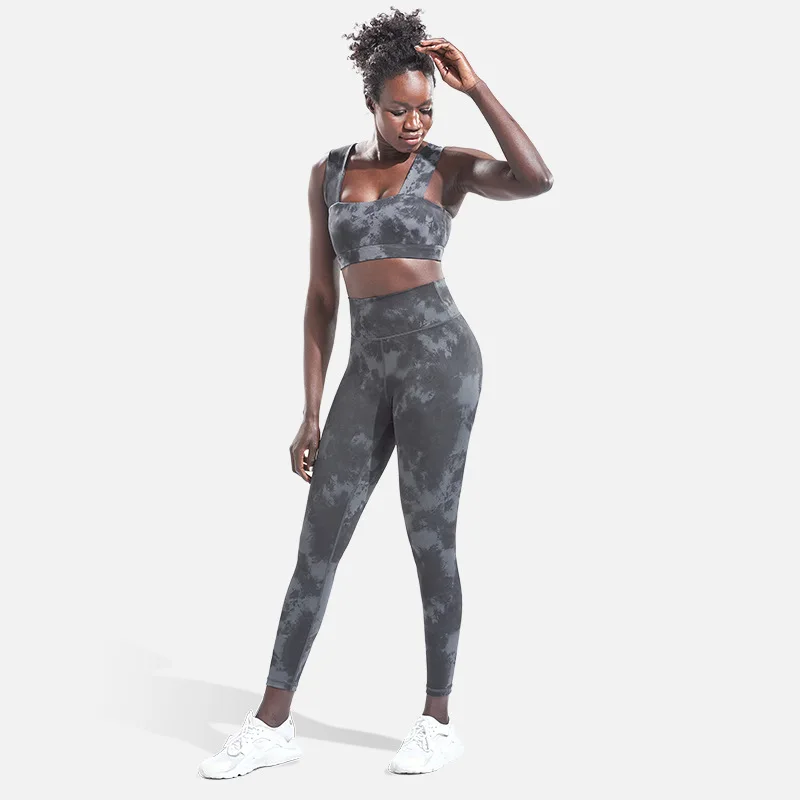 

wholesale women fitness apparel tie dye yoga set high impact sports bra and leggings sets