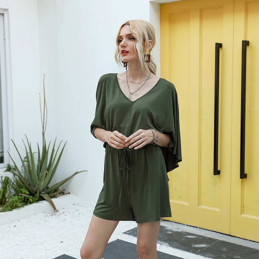 

Summer New Women's Solid Color Casual One Piece V-neck Bat Sleeve Drawstring High Waist Jumpsuit, As show