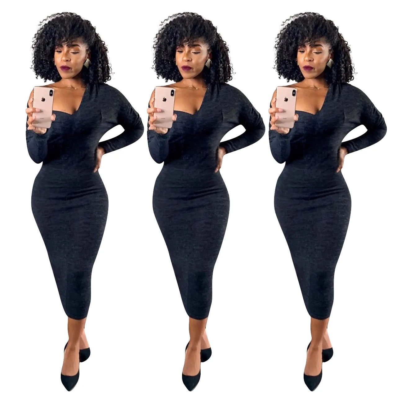 

Fall High Quality Women solid color Long Sleeve sexy V neck girl maxi Casual Dresses Clothing
