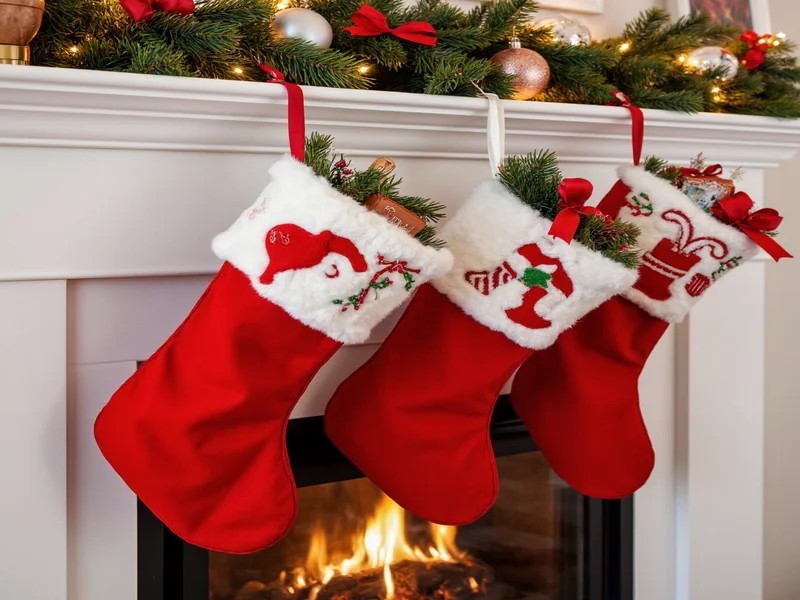 DIY stocking hanger holding three decorated stockings on mantel
