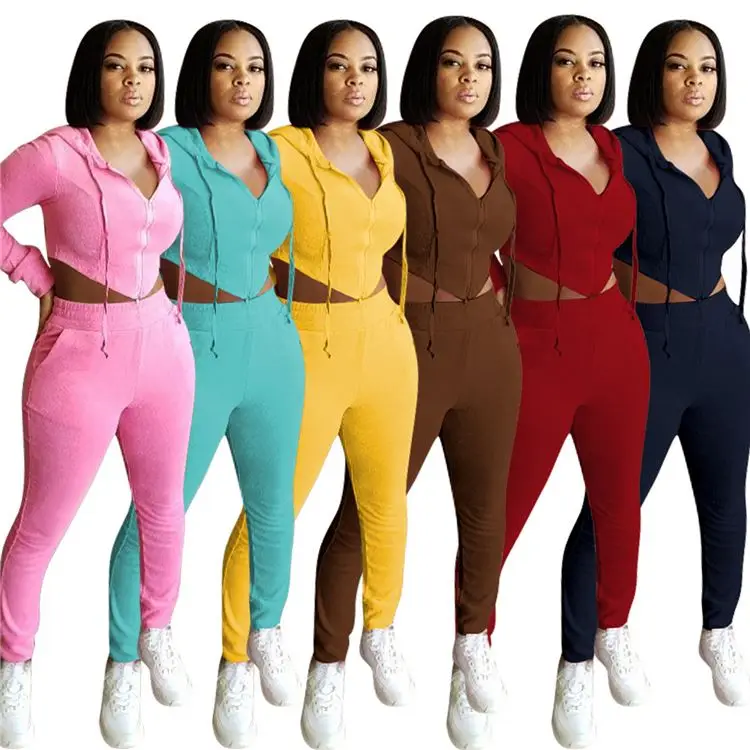 

W8780 Fall winter womens clothings double sided plush sports tracksuit
