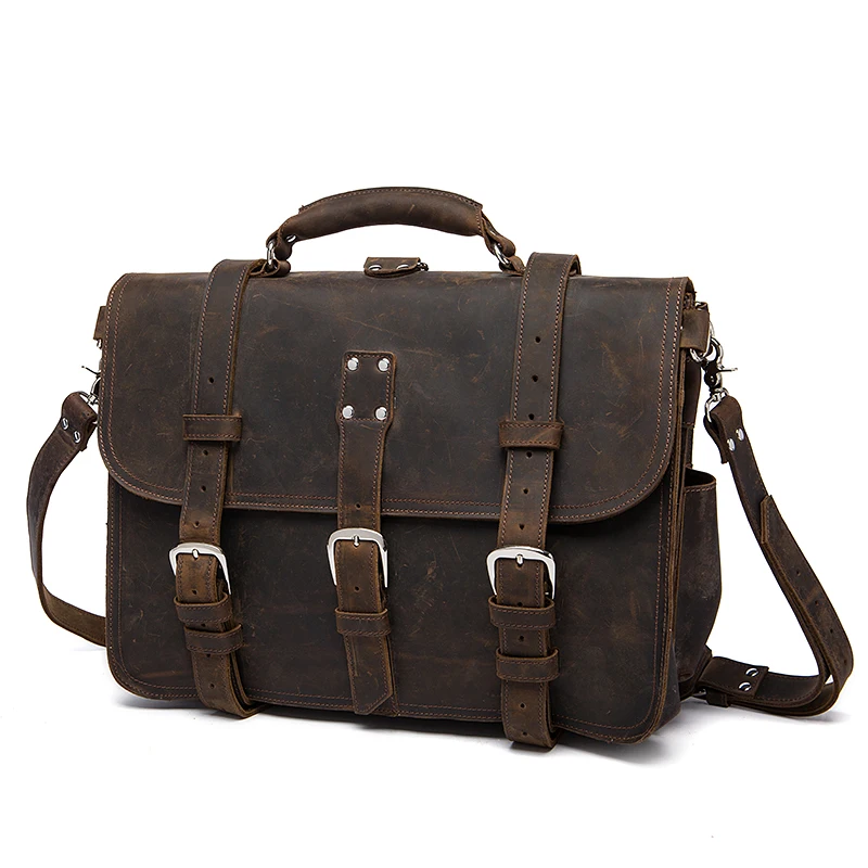 

Online Sale High Quality Cowhide Leather Handbag Logo Messengermen Hand Bag Mens Genuine Leather 17 Inch Luxury Crossbody 8072, Coffee