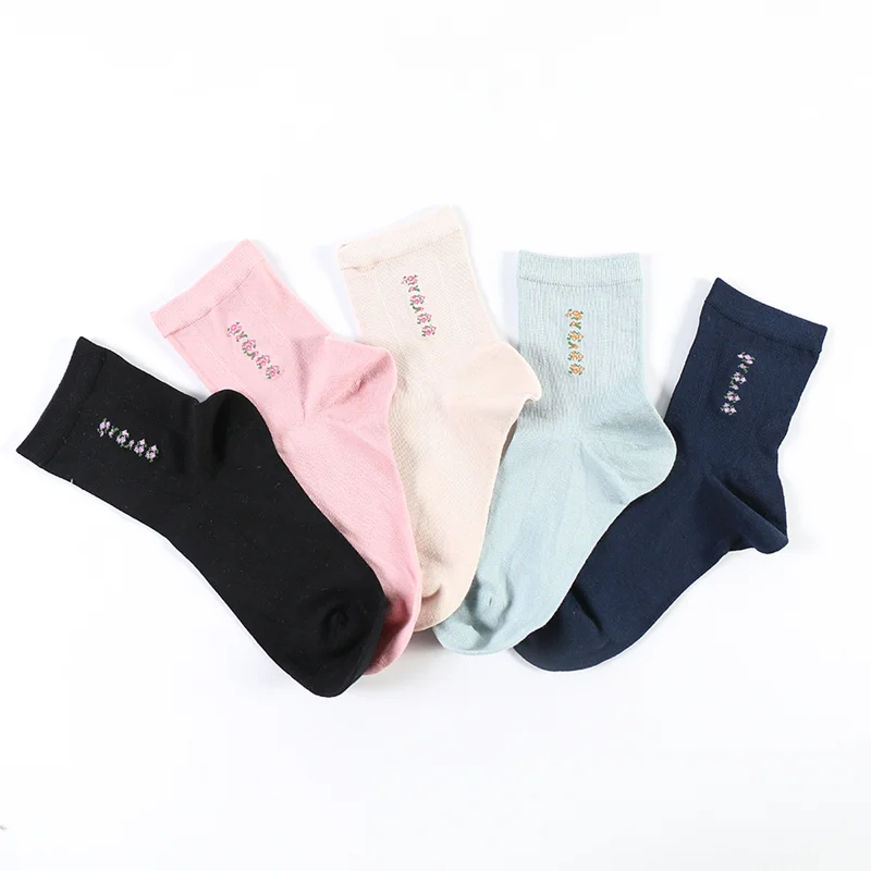 

High quality short ankle black crew flower womens socks cotton, Black,dark blue,pink,beige, light green