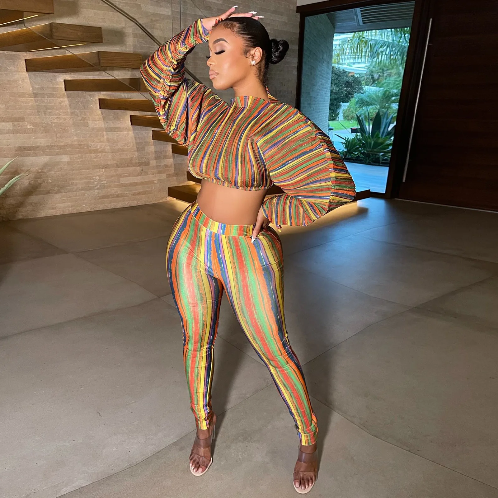 

High Quality Autumn Woman Set Printed Lantern Sleeve Drawstring Leisure Women Two Piece Set