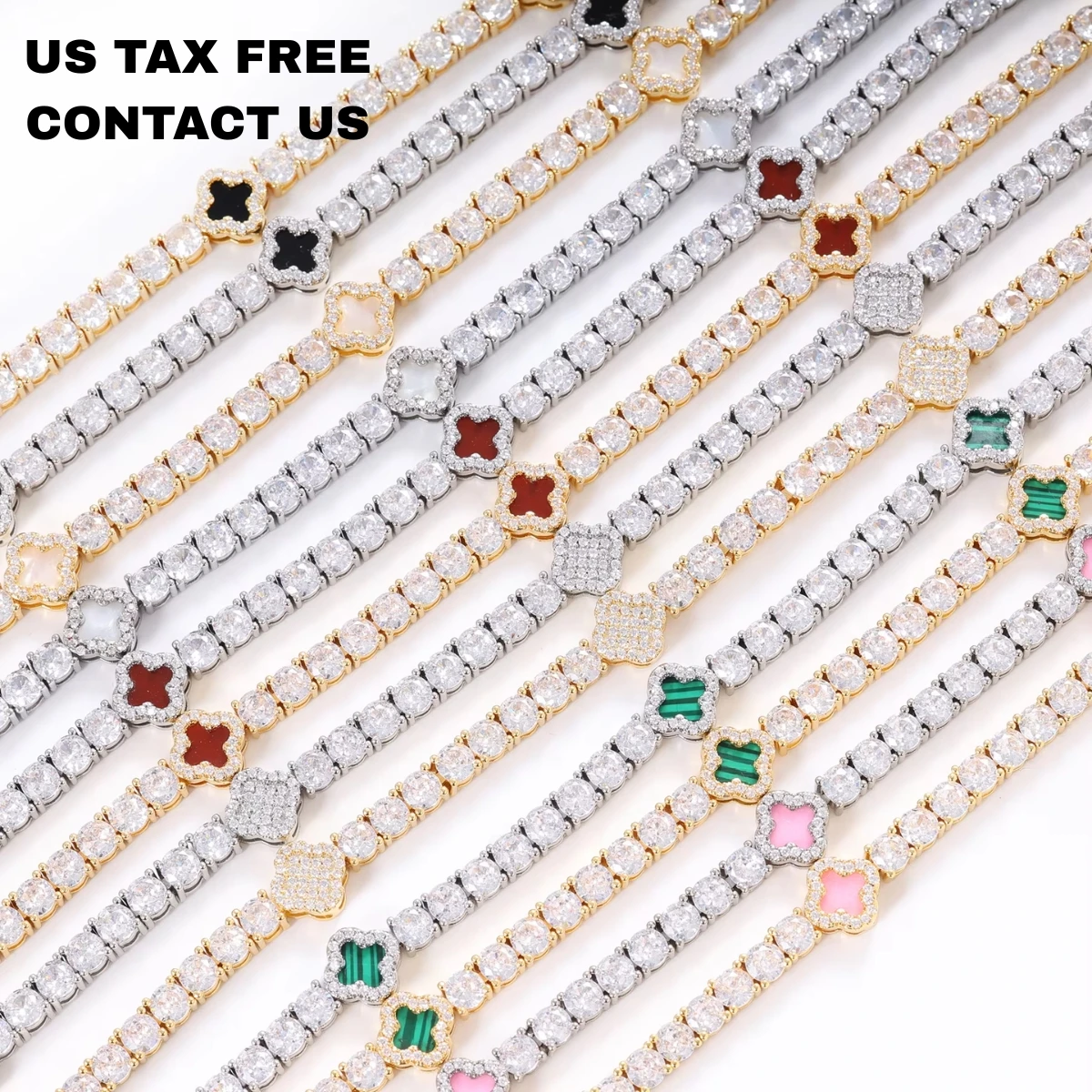 Hot Sale 4mm Clover Bracelet Necklace Jewelry18K Gold Plated Tennis Chain Iced Out  Colorful Shell Cubic Zirconia Chain