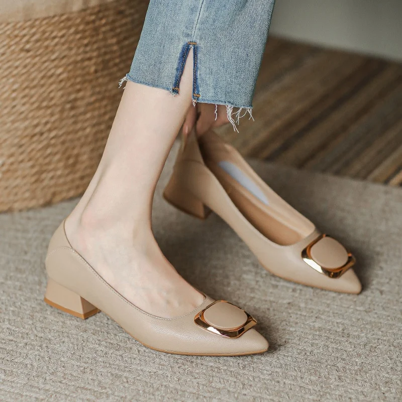 Y 33-41 Black Beige Brown Singer Shoes for Women Ladies Chunky Heels Soft Leather Female Closed Pointed Toe Shoes Heeled Sandals