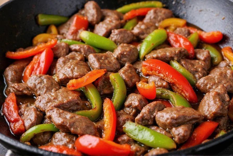 Close-up of pepper steak stir-fry with sliced beef, colorful bell peppers, and glossy sauce in a wok