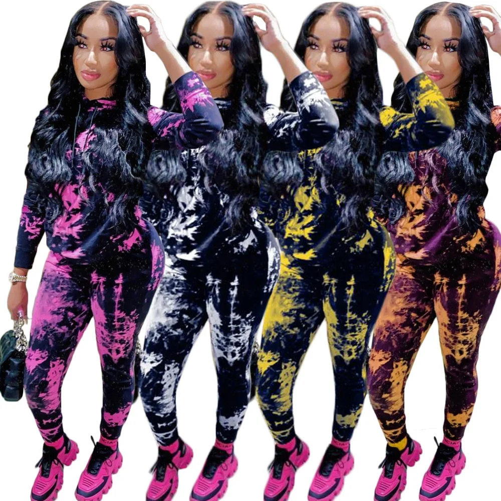 

AI183-8143 Wholesale ladies tie-dye hooded sweatshirt casual two piece pants set womens sweat suit women clothing