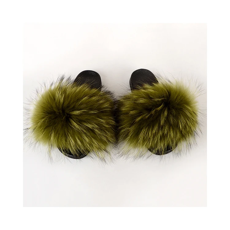 

Free Sample Factory Supply Raccoon Fur Slides Home Indoor Shoes, Customized color