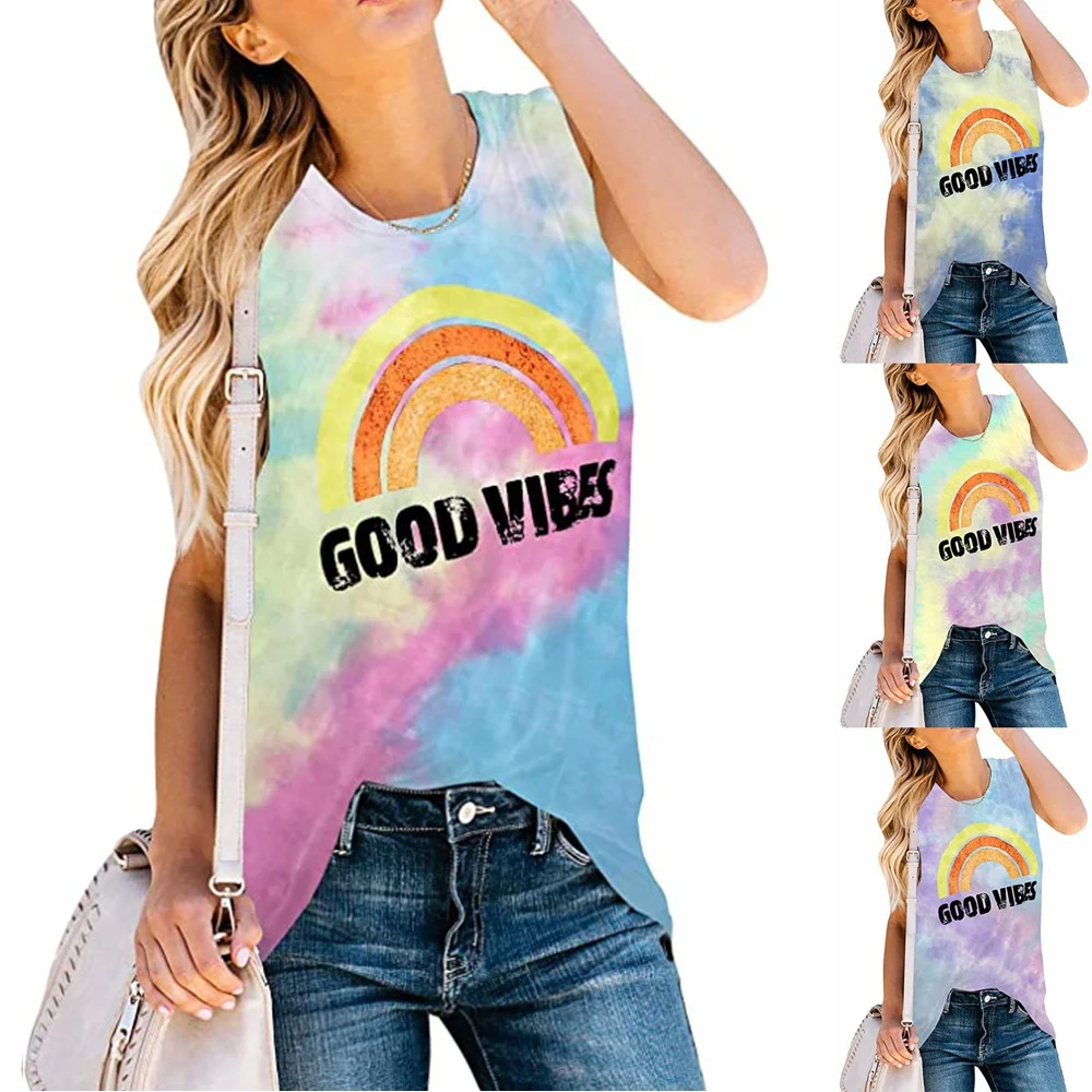 

Good vibes printed tie dyed sleeveless T-shirt