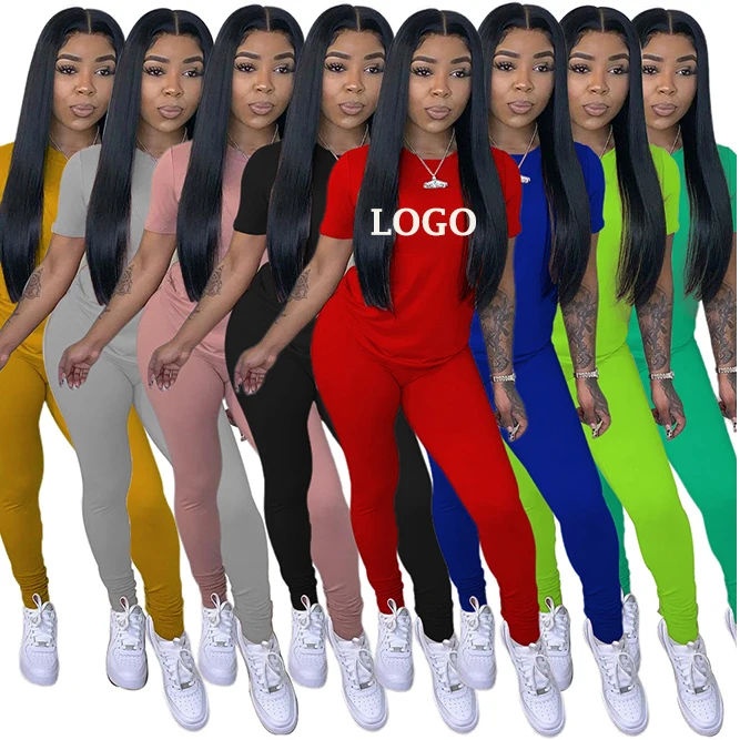 

Plus Size 3XL Custom Logo Casual Summer Sports Tight Short Sleeve Leggings Pants Tracksuits Sweatsuit 2 Piece Set Women Clothing, Picture