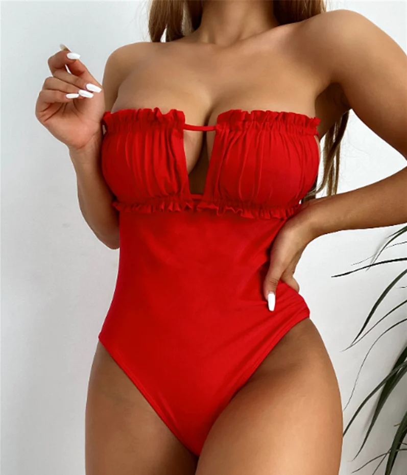 

ZY5363 Custom Label Women Red Ruffle Bathing Suits Sexy One Piece Swimsuit