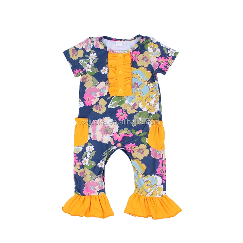 

Low Price Baby Clothes Romper Floral Printed Yellow Ruffle Set Short Sleeve Baby Romper, Picture