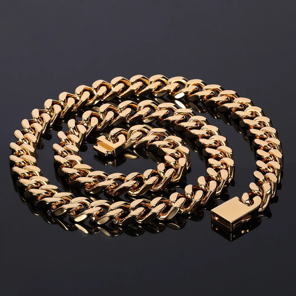 

12mm Cuban Link Chain Men's Gold Plated Stainless Steel Necklace Jewelry, Silver/gold /rainbow