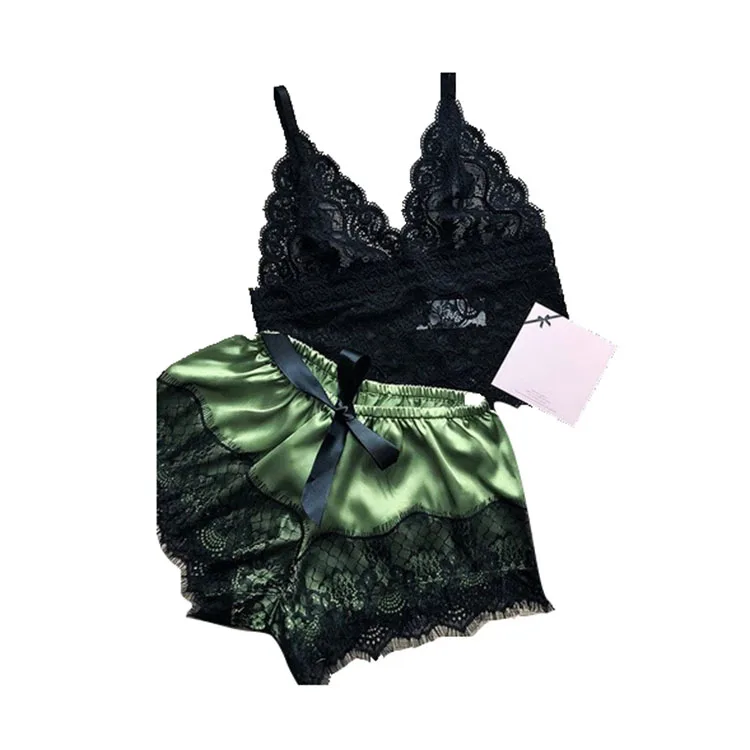 
Sexy lace satin lingerie two piece set women pajamas sleepwear 