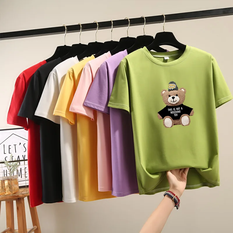 

Women Fashionable Tee-Shirt Korean Summer Quick Dry Solid Color t Shit Base Teddy Bear Printed t-Shirt Women Wholesale, Picture color