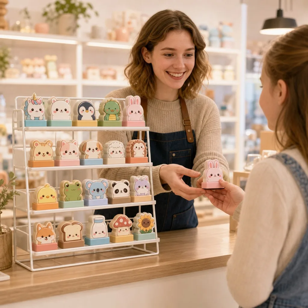 Female shop owner handing kawaii rabbit stamp to young female customer at modern retail counter with wire display rack