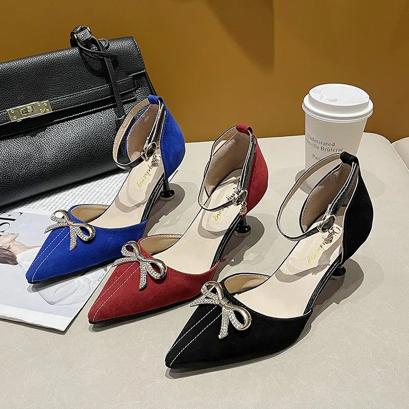 

Women's sandals spring new style pointed thin heel casual shallow mouth women's high heels one line buckle bow women's shoes