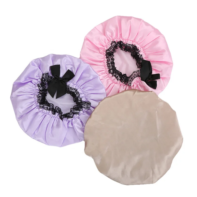 

Satin Fashion Double Design Shower Hat Waterproof Adjustable Bathing Hat New Style Trendy Adult Bath Hat, Pink/khaki/purple