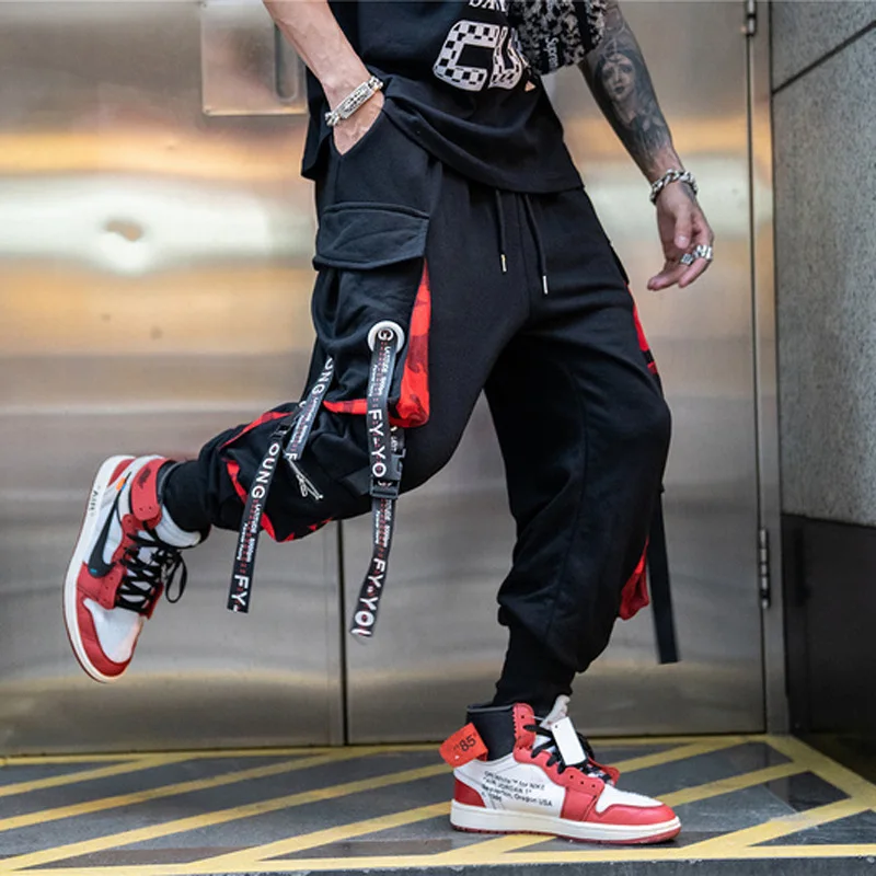 

Hip Hop Joggers Cargo Pants For Men Block Hit Color Pocket Track Pants Male Trousers Sweatpants Letter Ribbons Casual, Black