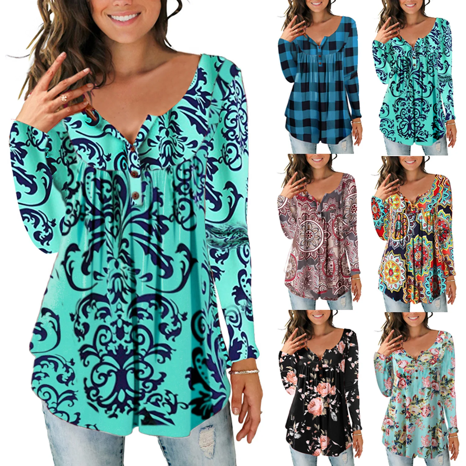 

Wholesale Amazon Hot Sale Printed Casual Buttons Long Sleeve Soft And Comfortable Sexy Woman Tops Fashionable, Shown