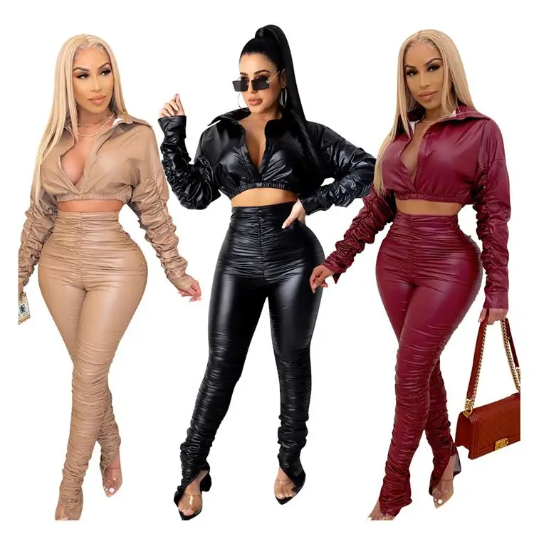 

2021 Winter PU Leather Ruched 2 Piece Set Women Two Piece Women Pants Outfit