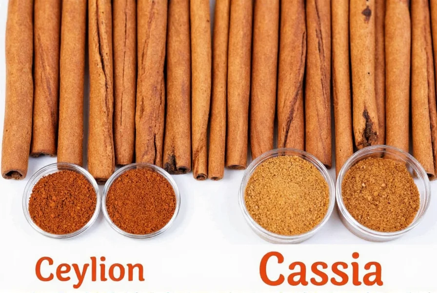 Whole cinnamon sticks of both Ceylon and Cassia varieties displayed next to ground cinnamon in clear containers showing the color difference between the two types