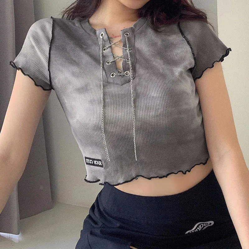 

2020 New Summer Tie Dye Ribber Crop Chain Eyelet Cotton Graphic For T Shirts Women, Customized