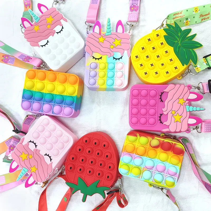 

kids cross body shoulder Square Cat avocado Cactus unicorn strawberry new silicone push pop bubble coin purse simple fidget bag