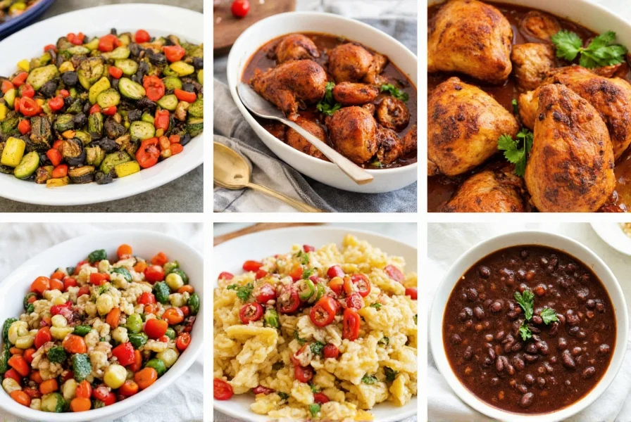 Various dishes prepared with cin chili mix 6 including roasted vegetables, chicken thighs, and black bean soup