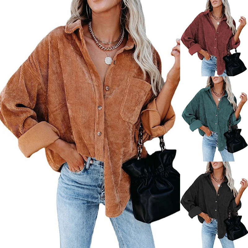 

New Corduroy 2021 Fall Winter Womens Oversized Button Shirt Ladys Tops Women Blouses Casual Female Long Sleeve Designer Shirts