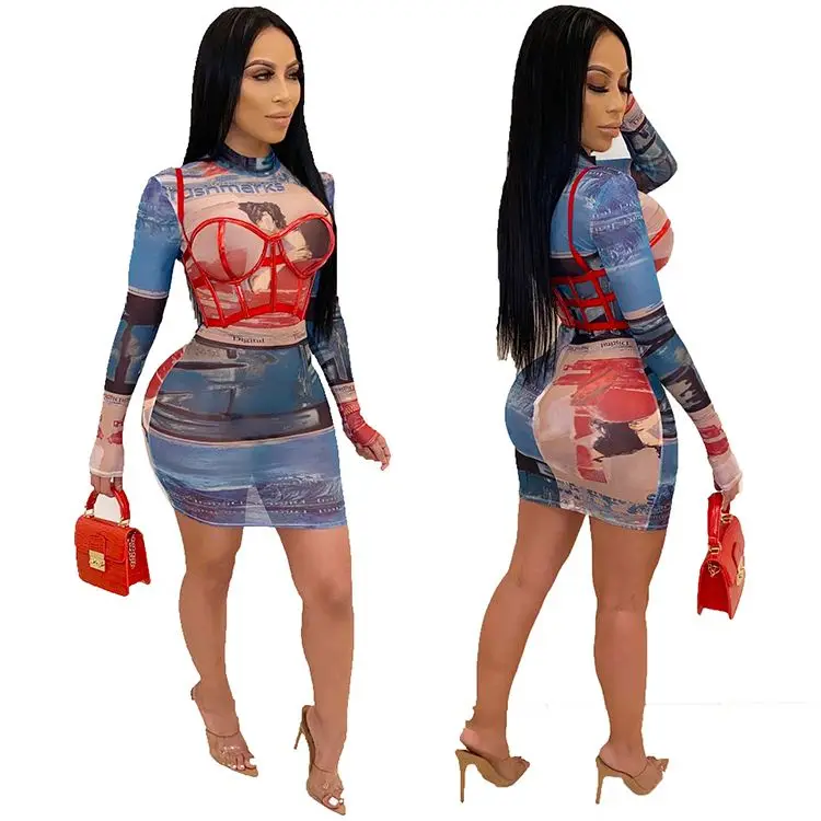 12317NA wholesale women long sleeve O neck print maxi tight sheer club mini dress Bodycon Fashion Lady Sexy Dress