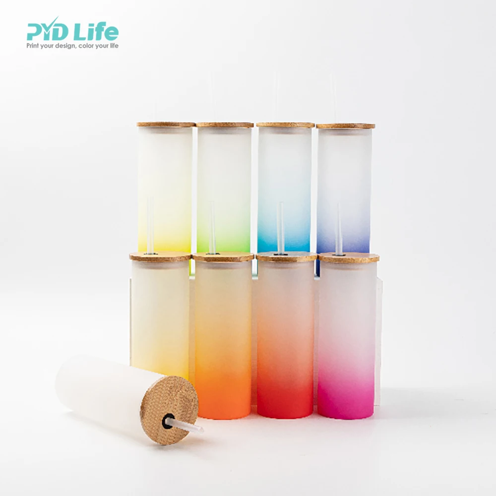 

PYD Life Hot Sale 17oz Frosted Glass Mixed Gradient Color Skinny Straight Sublimation Glass Tumbler with Straw and Bamboo Lid