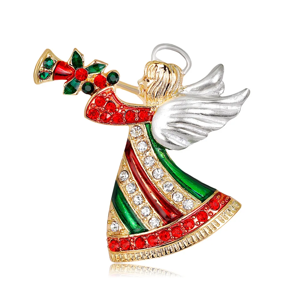 

C&J High Quality Fashion Cartoon Angel Blowing Trumpet Crystal Rhinestone Christmas Brooches, Picture shows