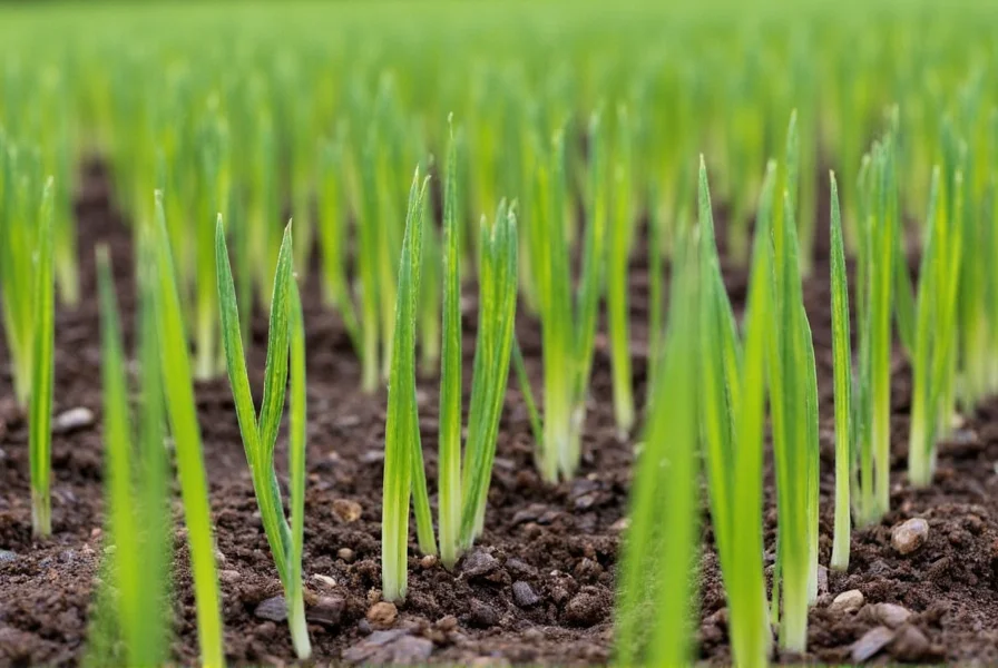 Close-up of fennel seedlings emerging from soil in a garden bed with proper spacing
