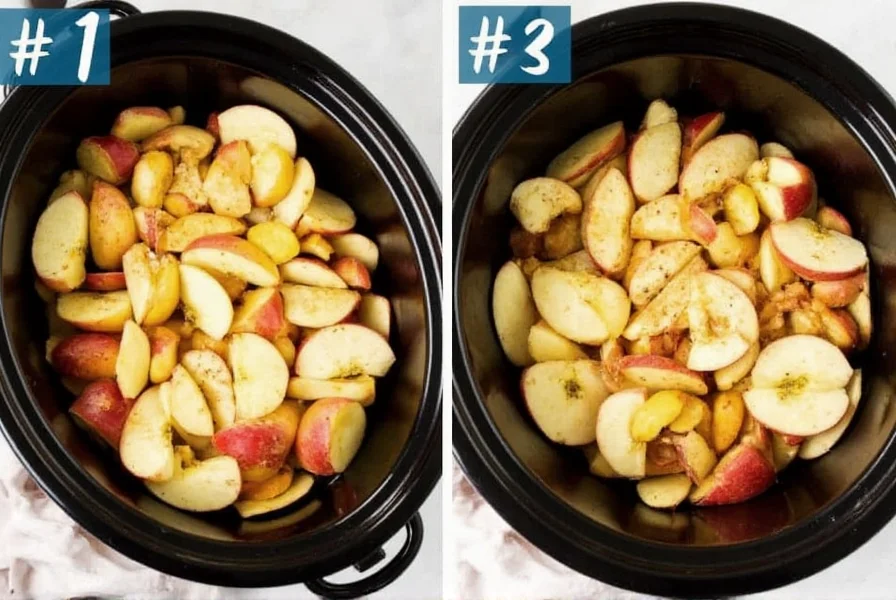 Step-by-step preparation of crock pot cinnamon apples showing sliced apples in slow cooker with cinnamon and lemon juice