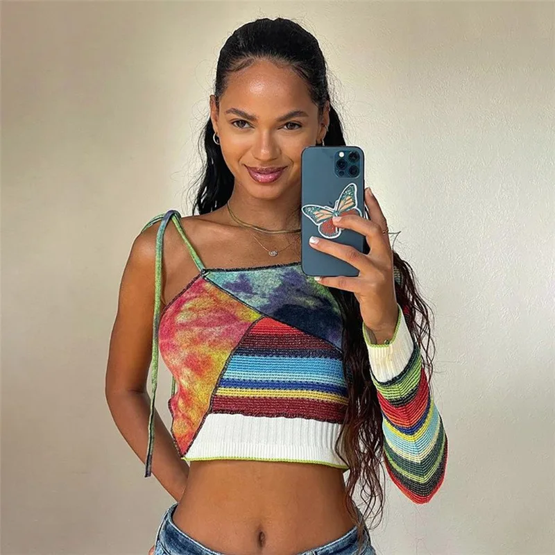 

Fashion Summer Trendy Cropped Long Sleeve Contrast Patchwork One Shoulder Top Vintage T Shirt, 1colors in stock