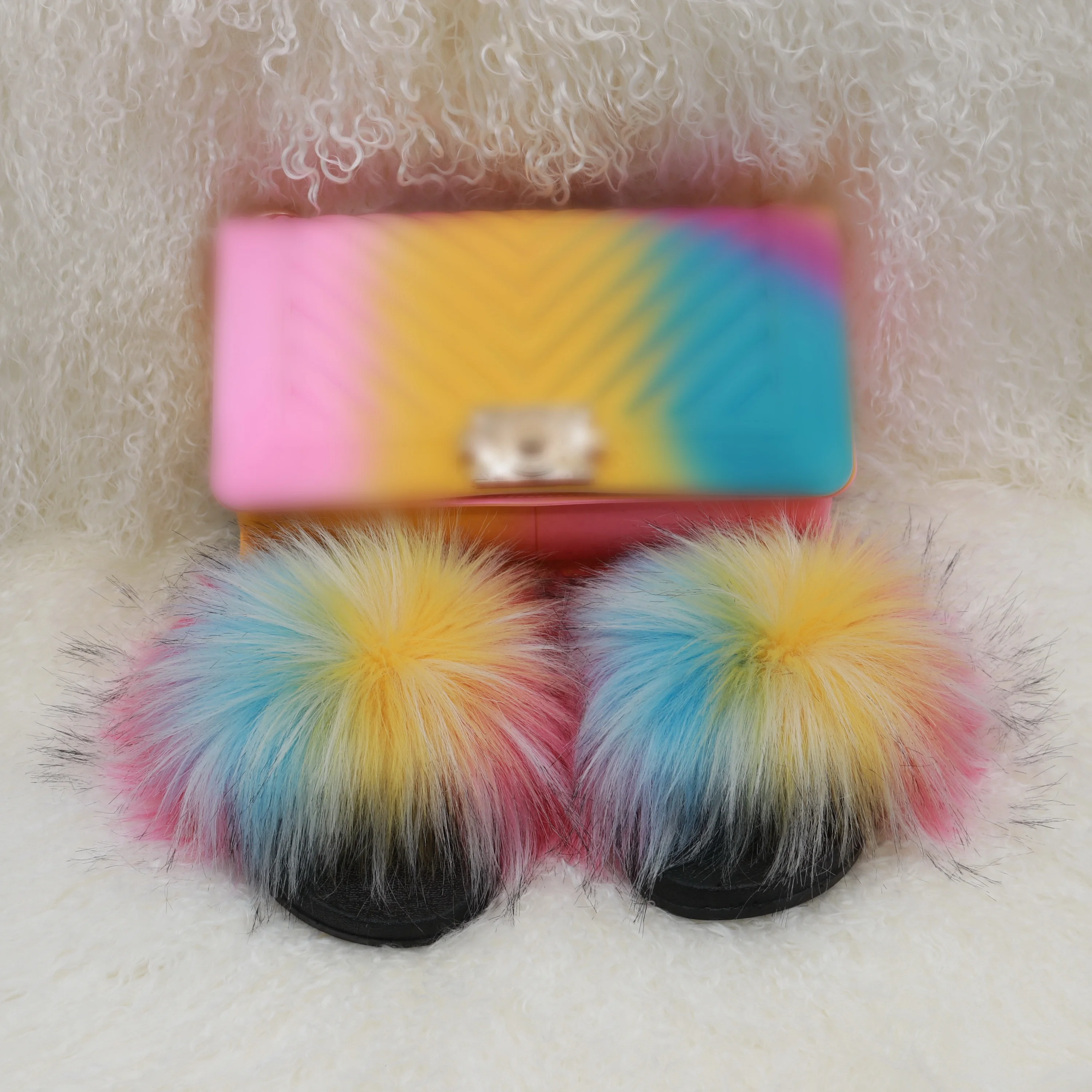 

fashion 2 pieces set women colorful jelly purse rainbow strip color fur slides set