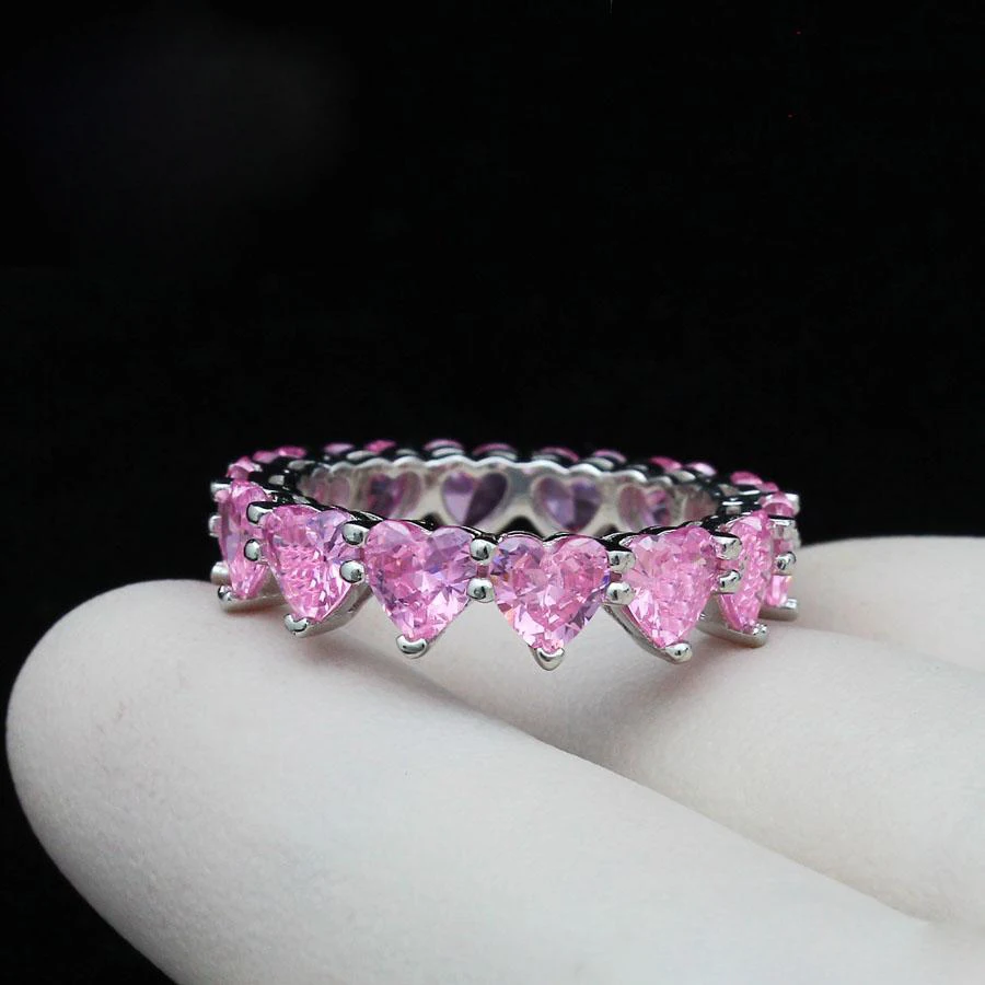 

Pink silver two colors bling heart diamond engagement women ring micro pave cz eternity band ring for wedding