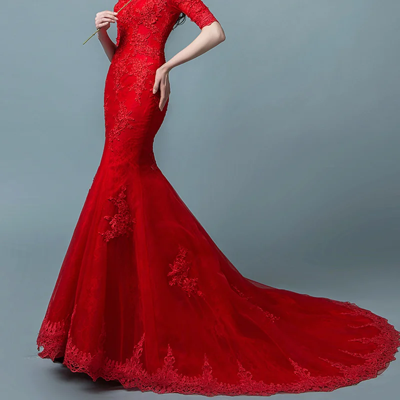 

Custom Long Boat Neck Trailing Wedding Dresses Red Lace Floral Appliques Sleeveless Mermaid Bridal Dress, Picture color